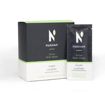Nuasan Active Body Wipes For when a shower isn’t an option or you’re short on time, cleanse on-the-go with our Body Wipes to keep you feeling cool & refreshed all day & evening. Enriched with natural L+pH Control® for long-lasting body freshness. Bamboo & Peppermint to reduce redness & cool as well as Macro-algae & Aloe to hydrate & soothe.