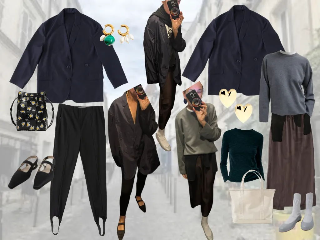 A collage of various clothing items and accessories displayed artistically.