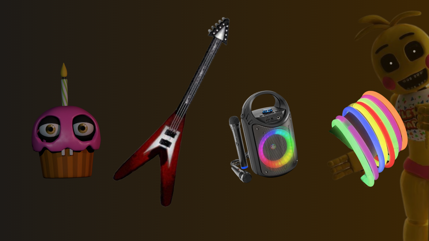 Toy Chica cosplay props and accessories inspired by Five Nights at Freddy’s including Mr. Cupcake plush, glowing LED lights, confetti effects, and animatronic-style costume details for horror game character cosplay