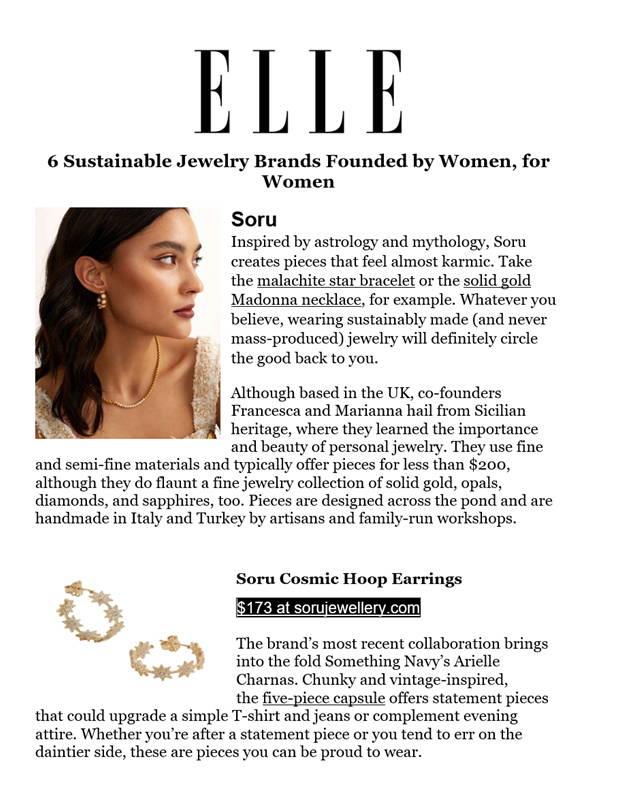 Elle Magazine features Soru Jewellery Cosmic hoops