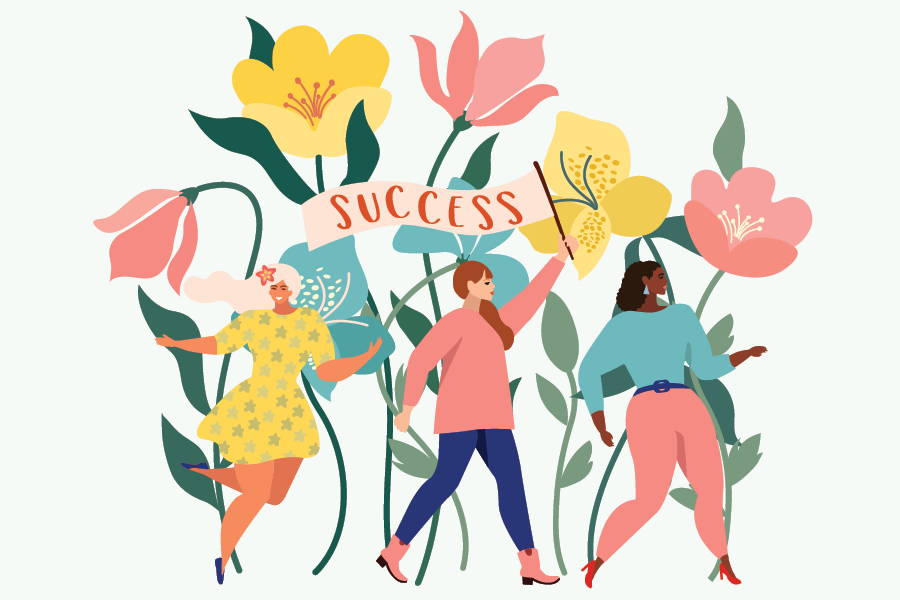 women celebrating with success banner and floral background