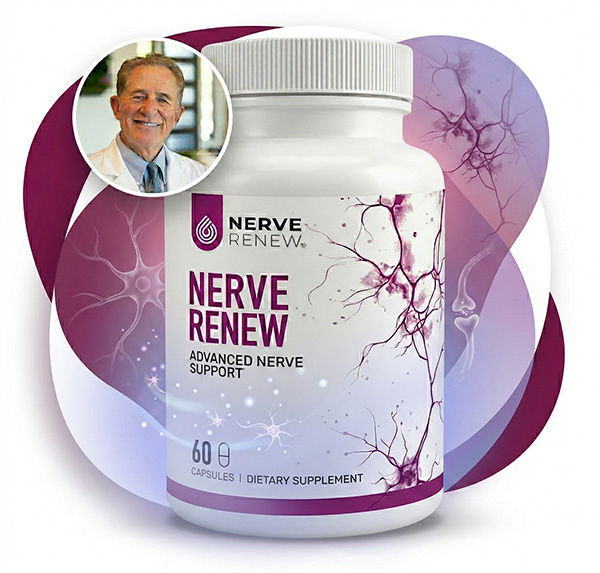 Bottle of Nerve Renew supplement with a smiling man in the corner.