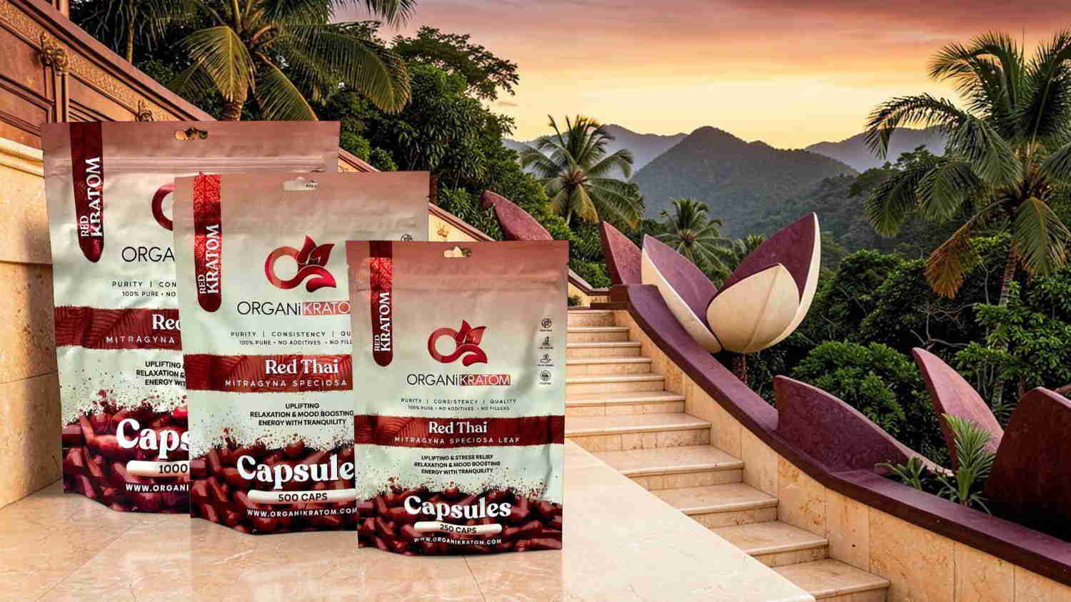 Bags of Cacao products displayed in a tropical setting.