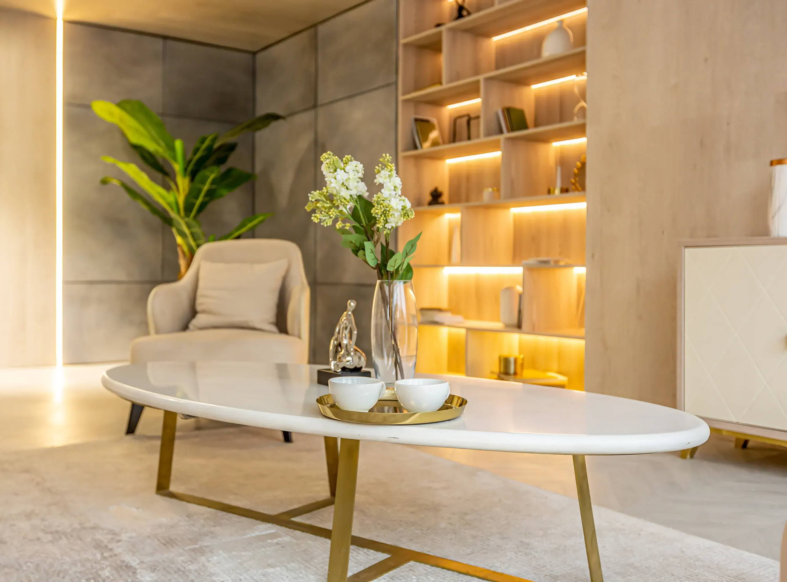 Living room backlit shelving with LED strip lights