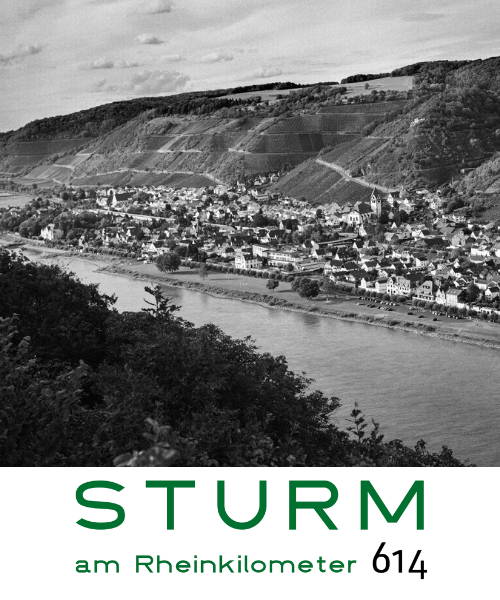 Weinberge am Mittelrhein mit dem Ort Leutesdorf, inklusive dem Logo vom Weingut Sturm