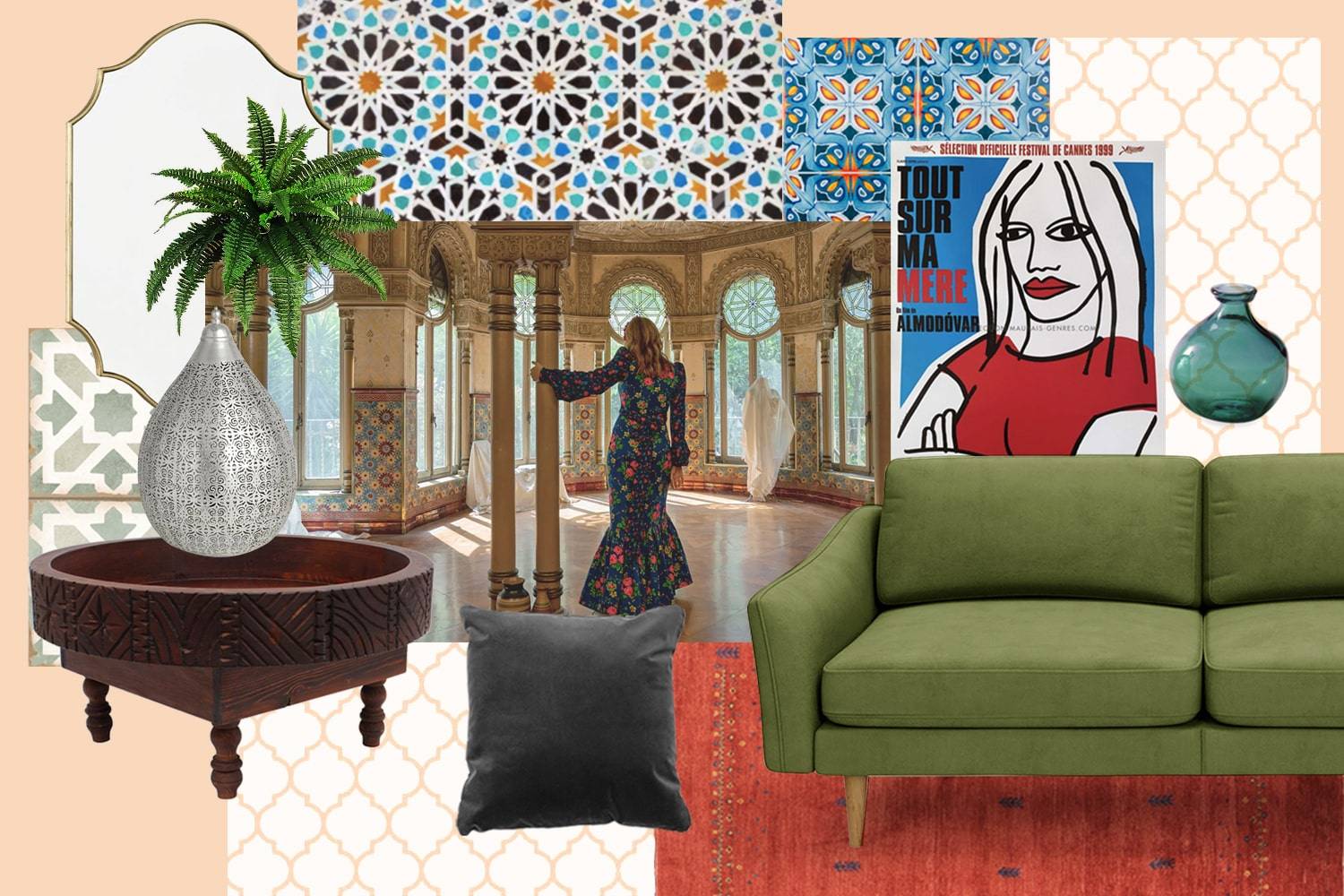 mood board of villanelle's barcelona apartment with an olive green sofa