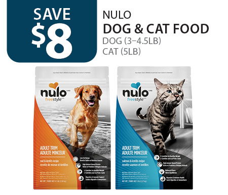 $8 off Nulo Dog (3–4lb) and Cat (5lb) food