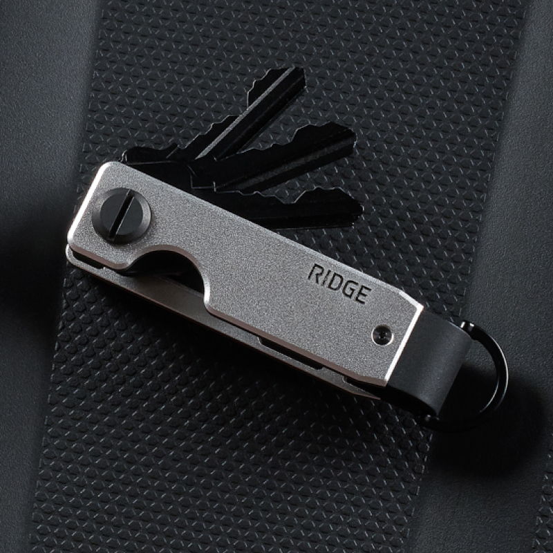 A sleek metal key holder with multiple keys attached.
