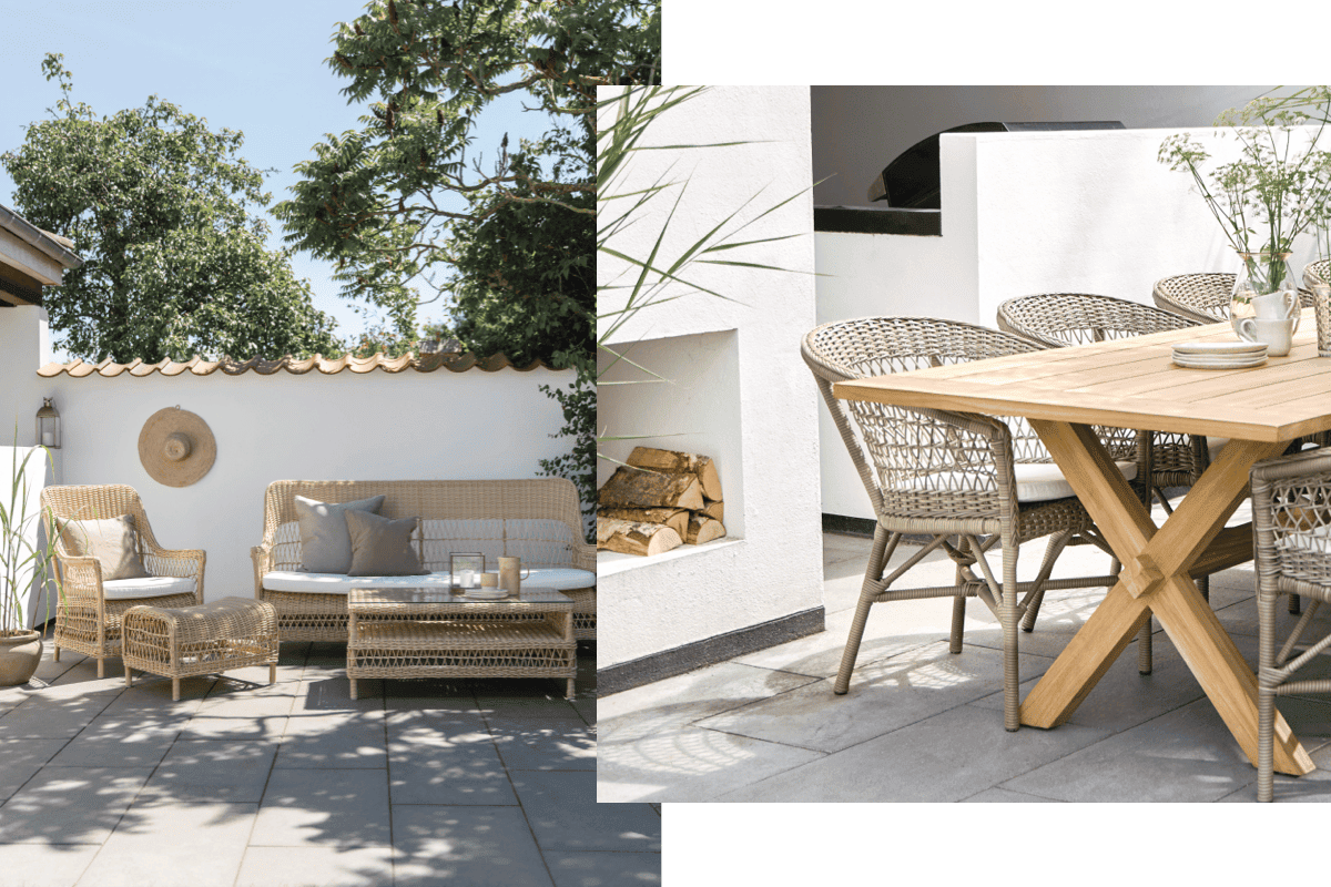Woven patio lounge furniture and outdoor wicker dining chairs paired with teak tables on a modern terrace.