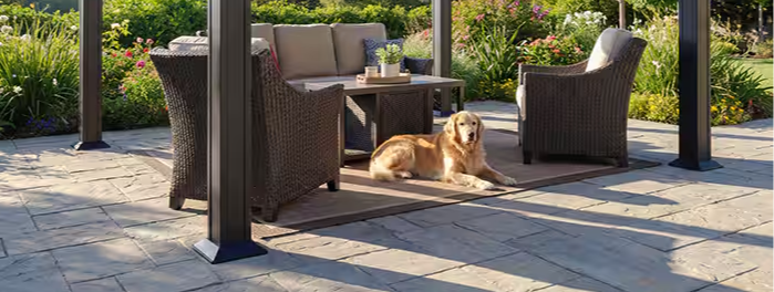 A gazebo with seating and a dog in a garden setting.