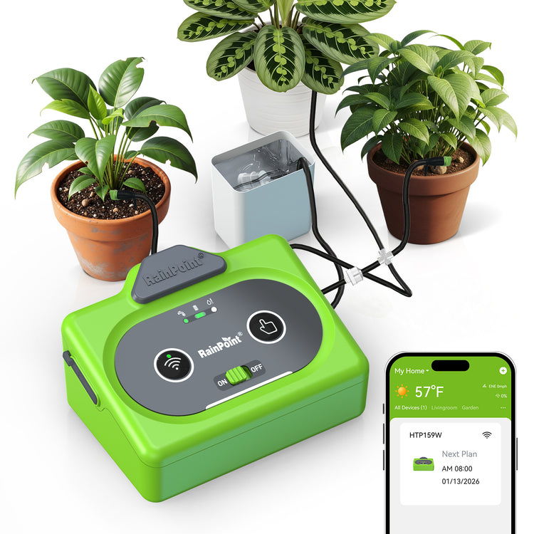 Green plant care device connected to smartphone, with potted plants in background.