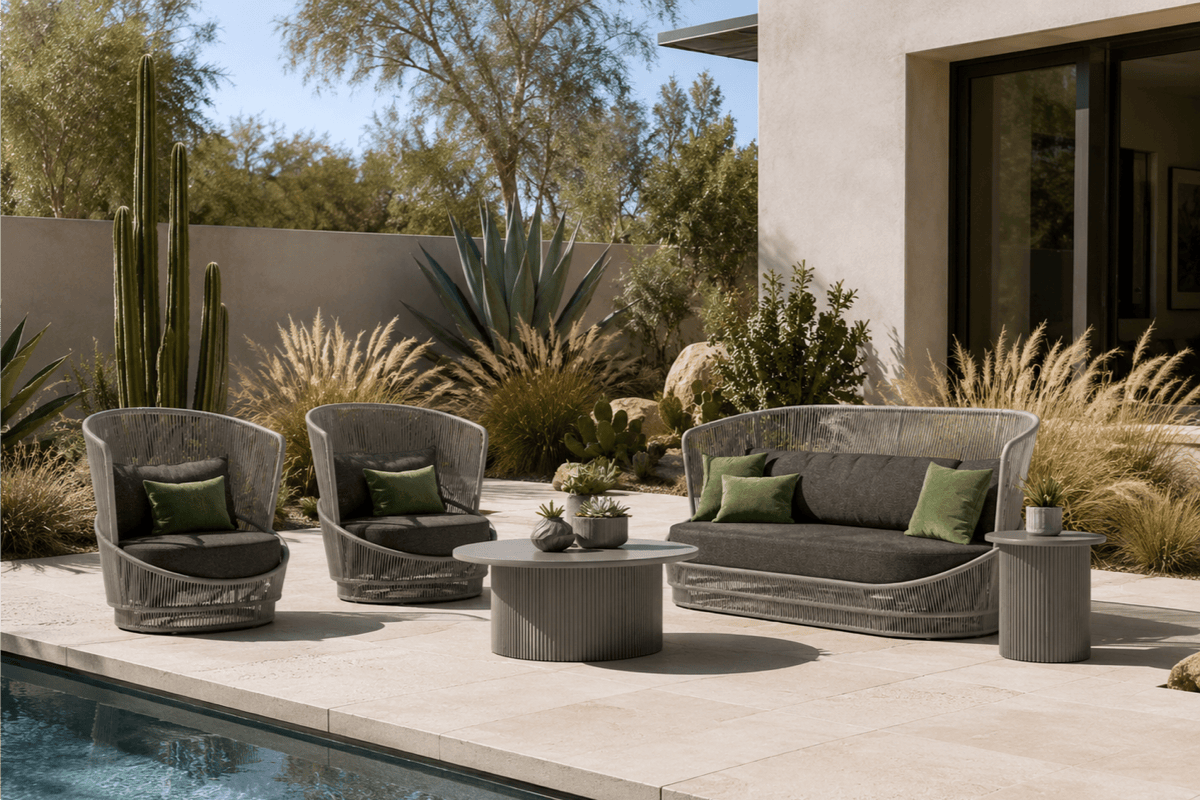 Palma outdoor sofa and club chairs with weather-resistant rope frames beside a modern desert swimming pool