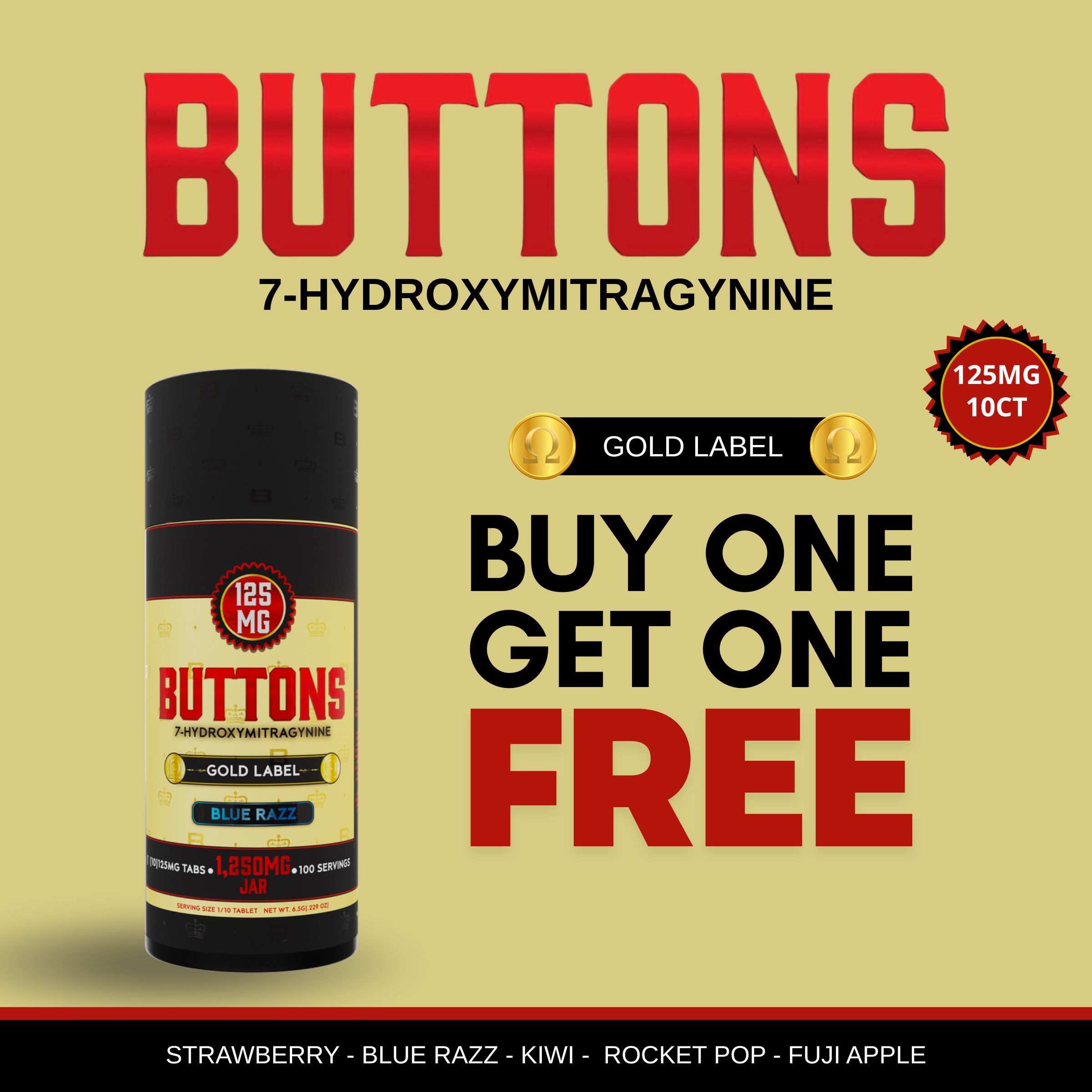 Product advertisement for Buttons 7-Hydroxymitragynine with a buy one get one free offer.