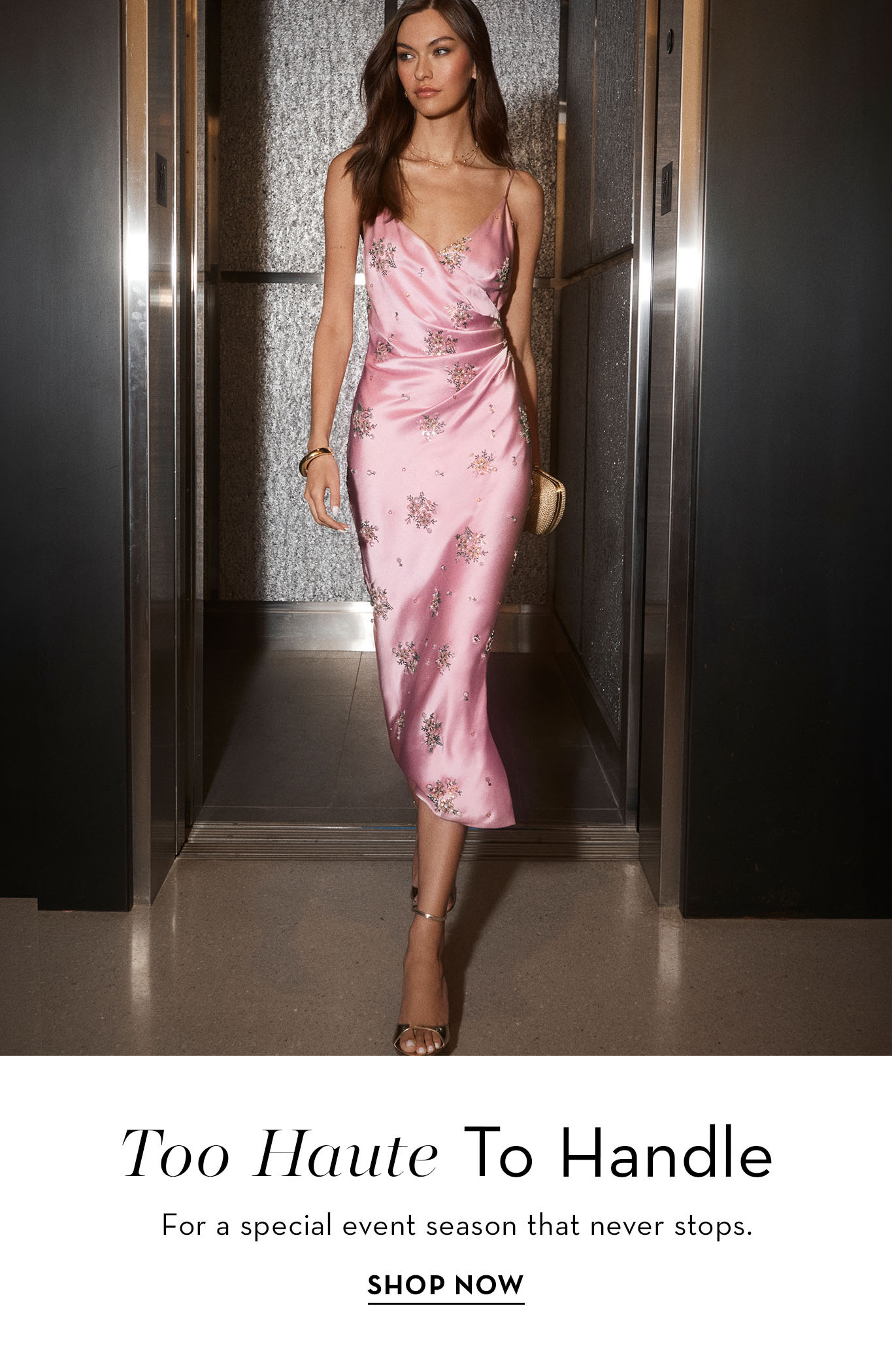 Model in a pink dress promoting a fashion event.