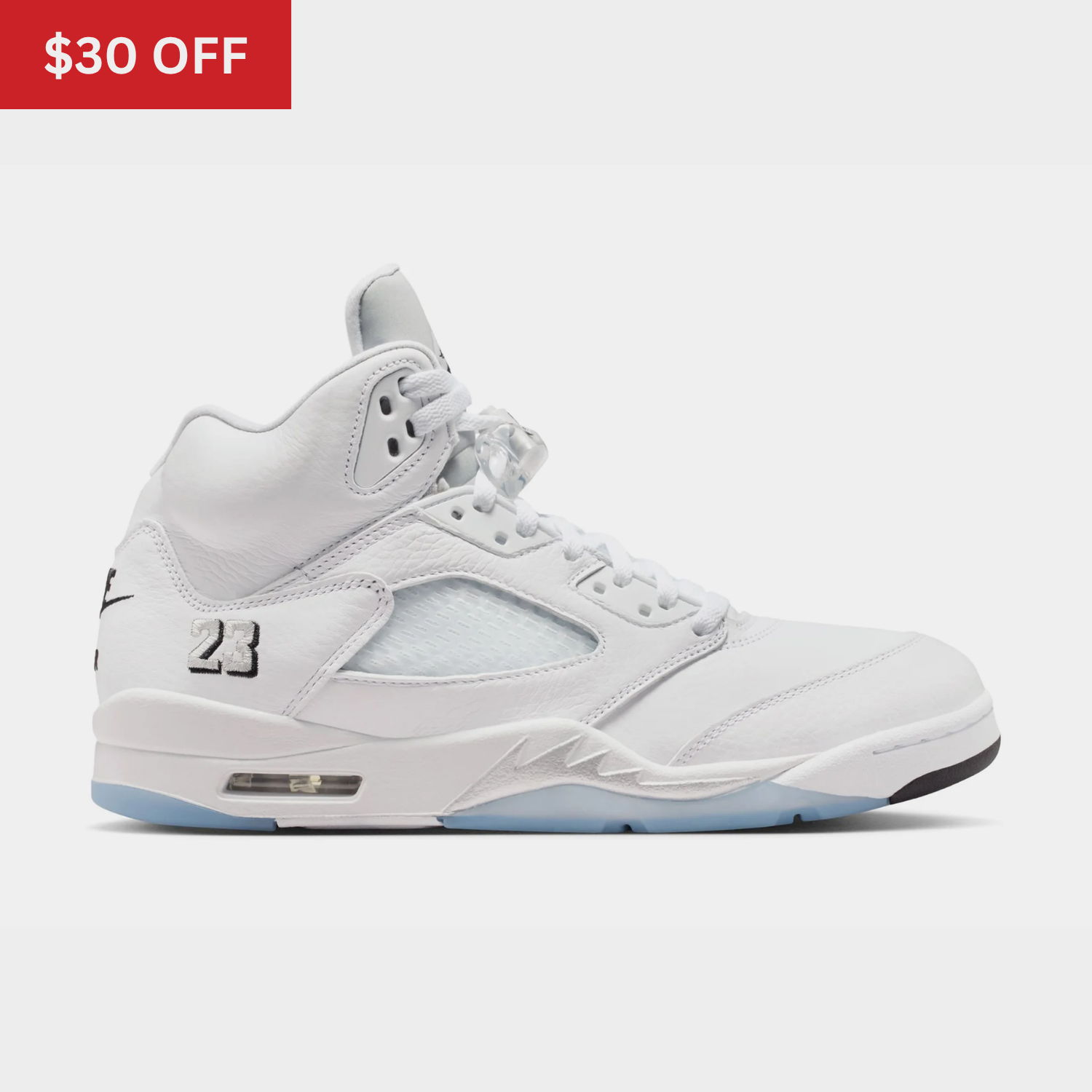 White sneaker with blue accents, featuring a $30 off sale tag.