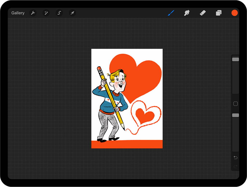 One filled in heart and one outlined heart drawn in behind Valentines card character in Procreate on iPad