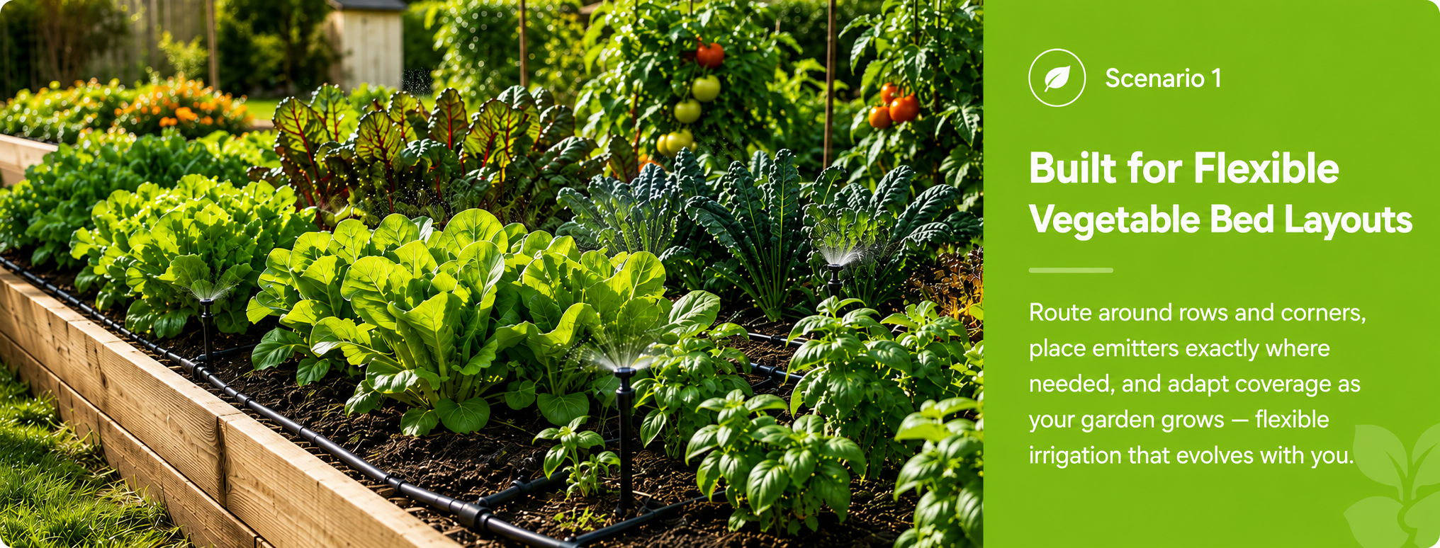 Vegetable garden bed with various plants and informative text on layout flexibility.