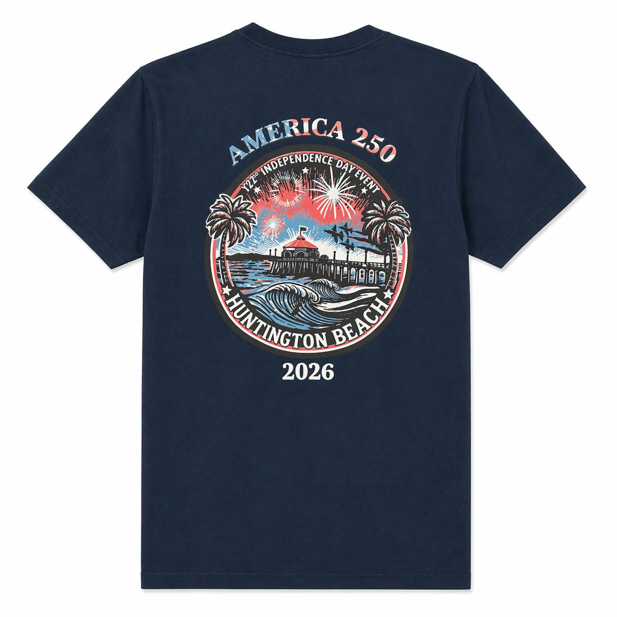 blue t-shirt with red white and blue America 250 logo on a white background
