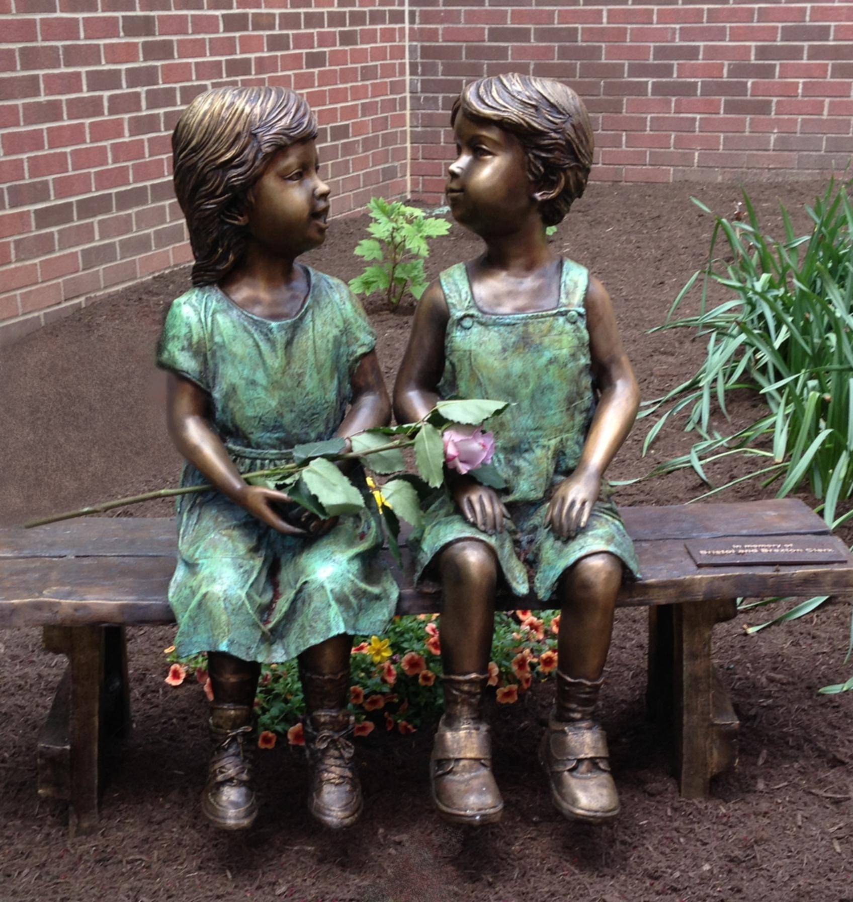 Bronze Children Garden Statues on Bench 