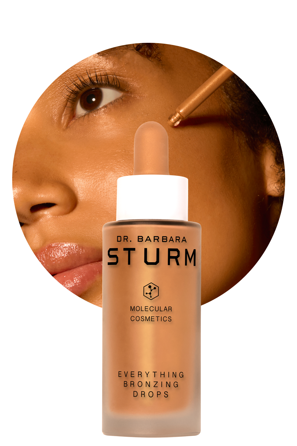Bottle of bronzing drops next to a woman applying makeup.