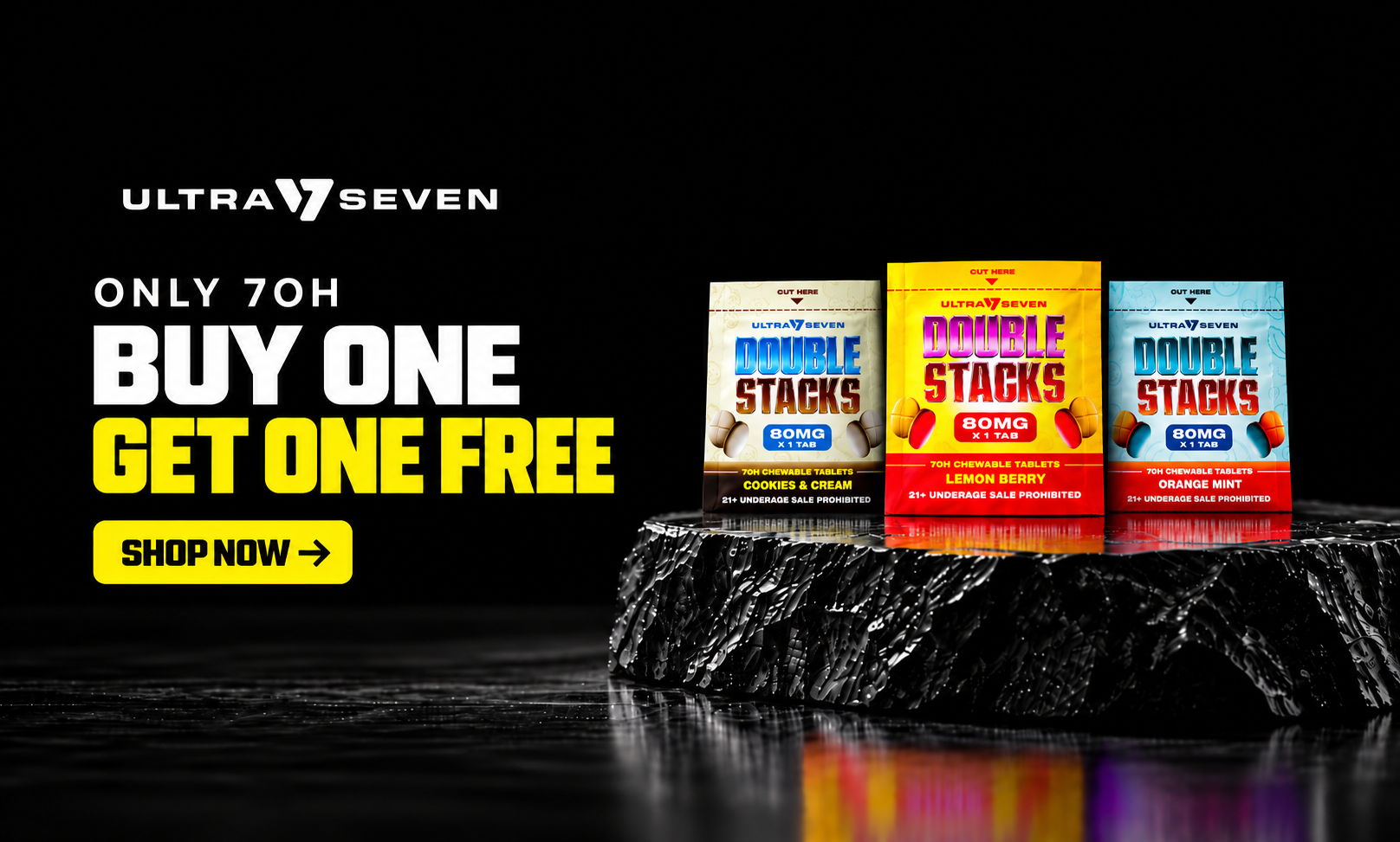 Promotional image for Ultra Seven snacks featuring a buy one get one free offer