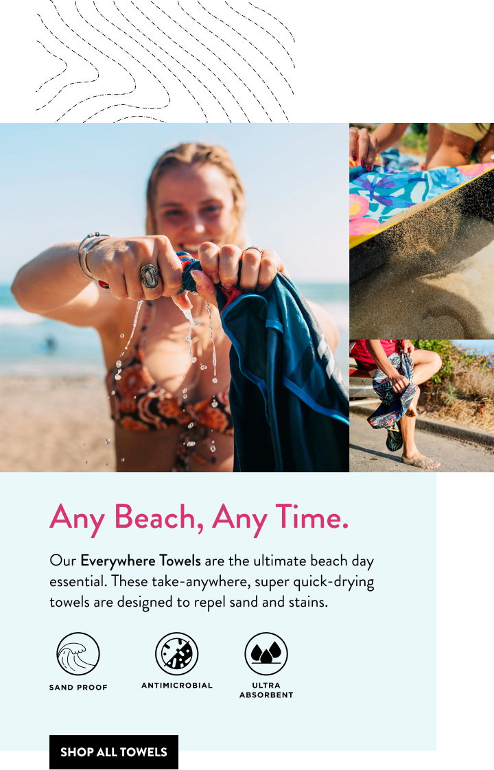 Girl wrings out water from a Rumpl Everywhere Towel. Ultimate beach essentials for any beach, any time. Sand proof, Antimicrobial, Ultra-absorbent