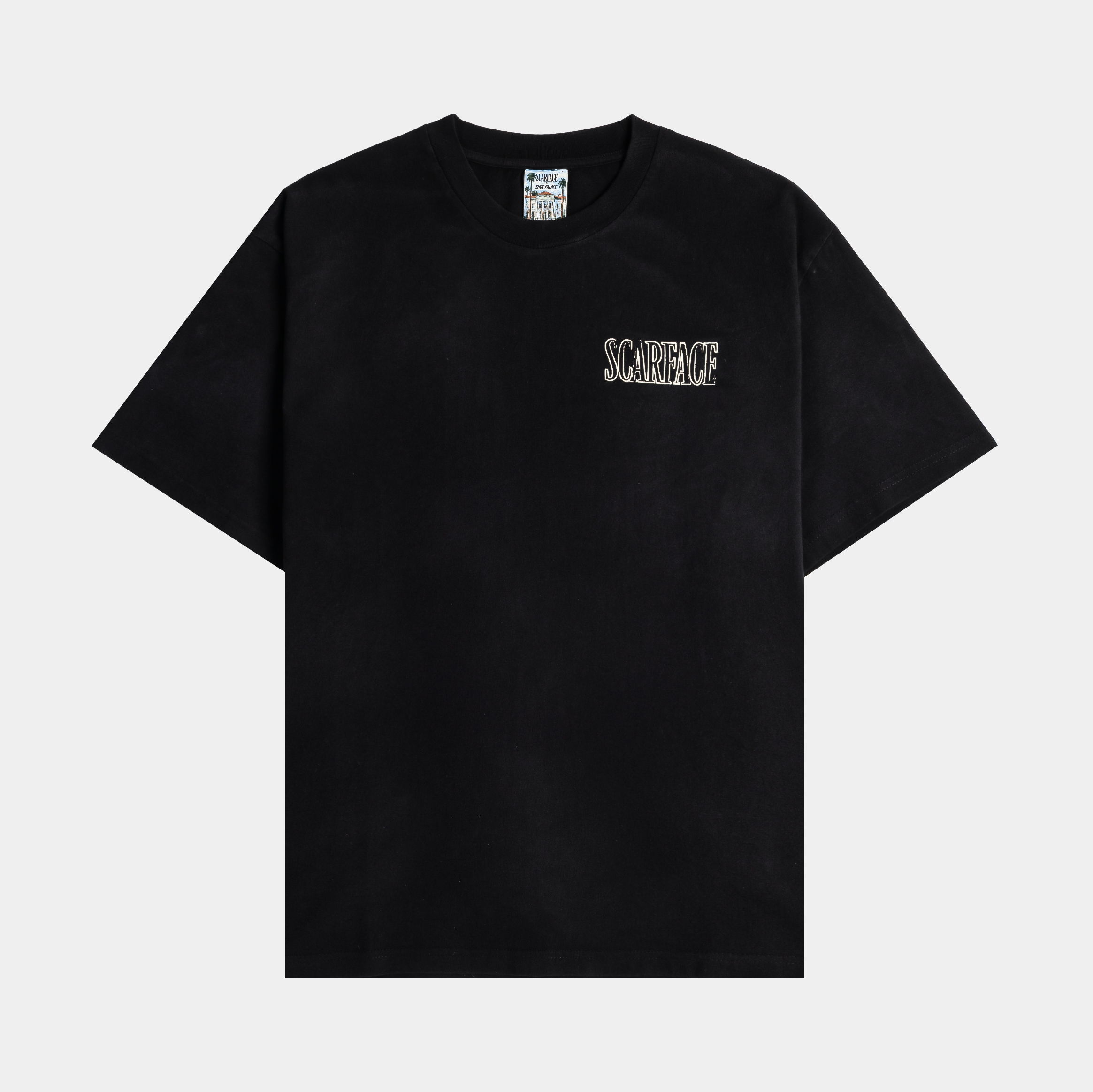 Black t-shirt with a graphic design on the front.
