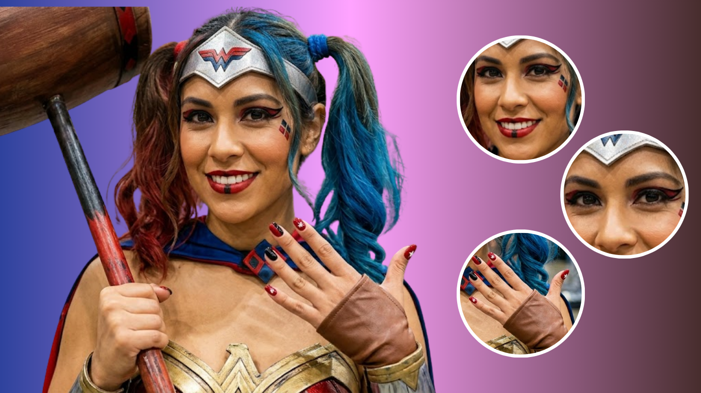 Mashup cosplayer featuring detailed cosplay makeup with bold character-inspired eye styling, colorful wig, coordinated nails, and themed beauty accents that blend multiple fandom aesthetics into a cohesive crossover cosplay look