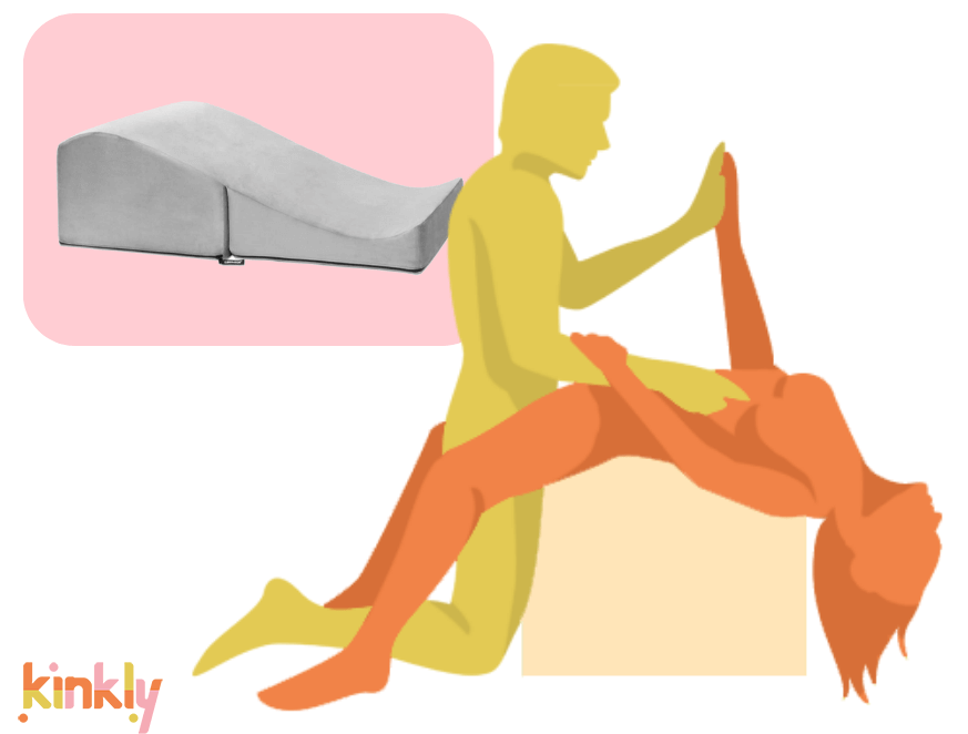 Liberator Flip-Ramp shown next to an illustrated Melody Maker Sex Position. The receiving partner is draped over top of a foot rest with their legs hanging off one end and their head hanging off the other end. They spread their legs, and the penetrating partner slides between them to penetrate. | Kinkly Shop