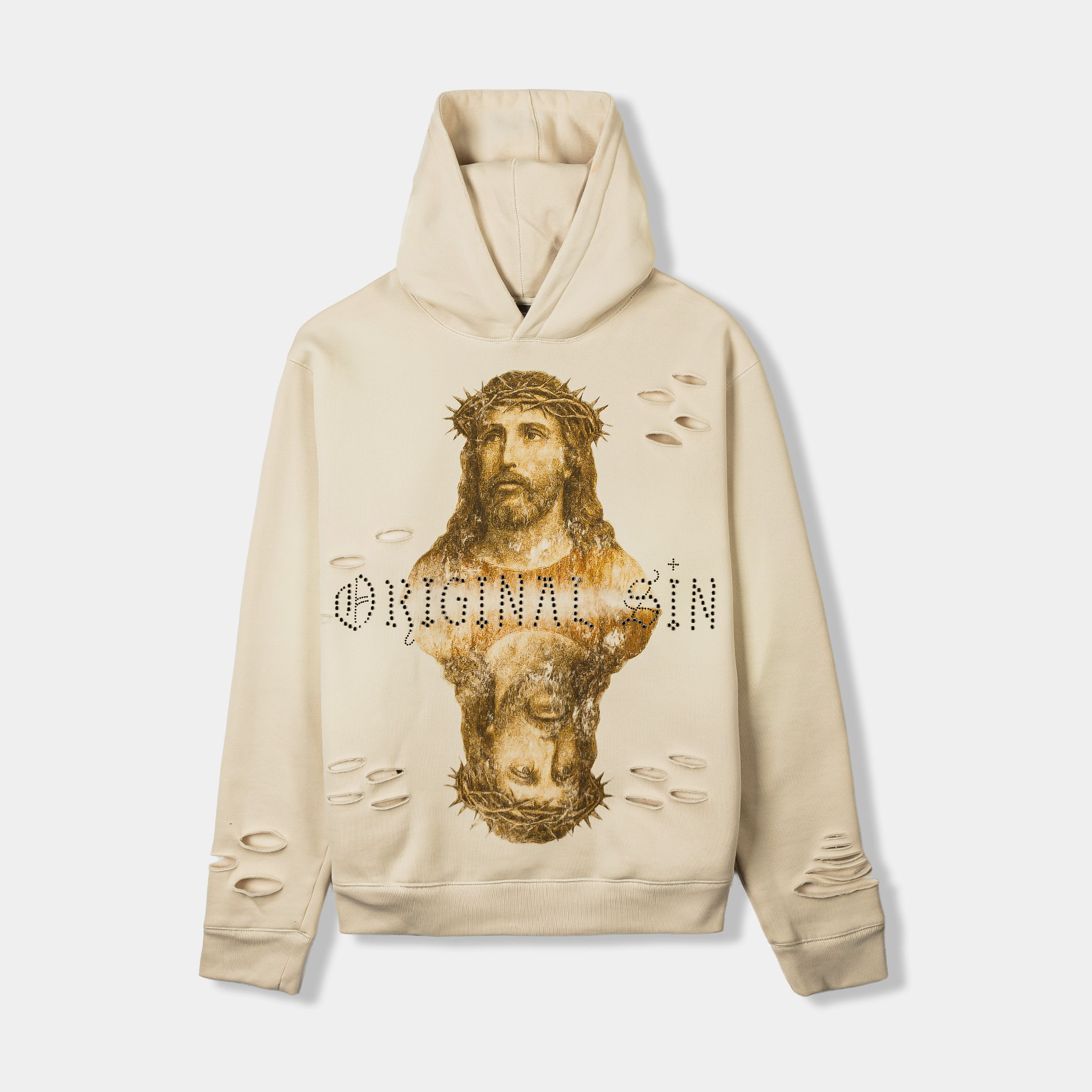 Beige hoodie with a graphic of a man and distressed details.