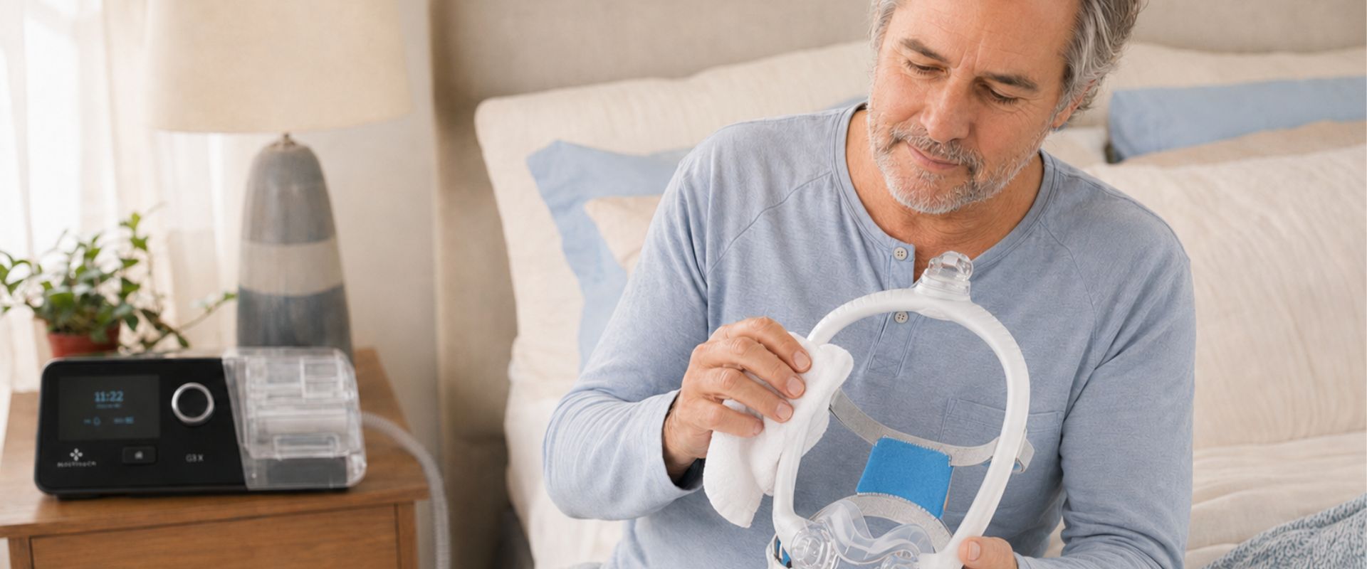 Man inspecting a CPAP mask beside a sleep therapy machine.