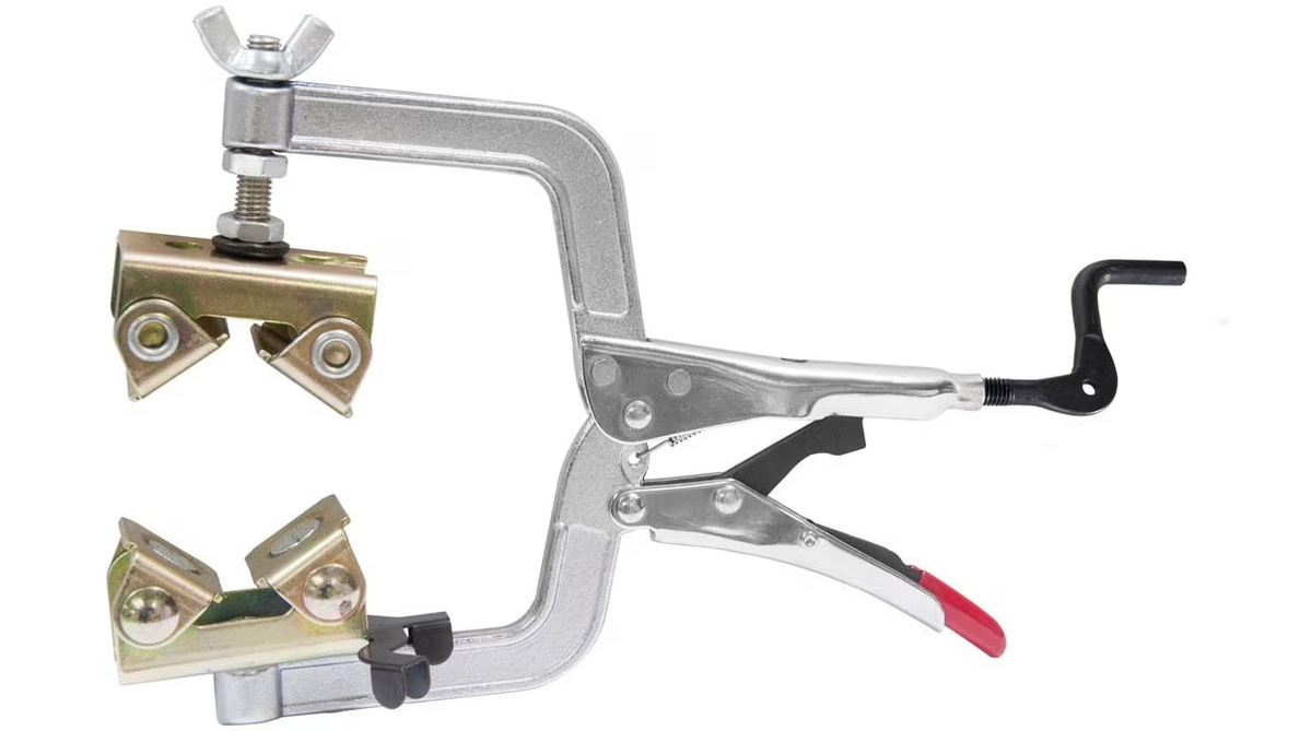 A metal clamp tool with adjustable jaws and a lever handle.