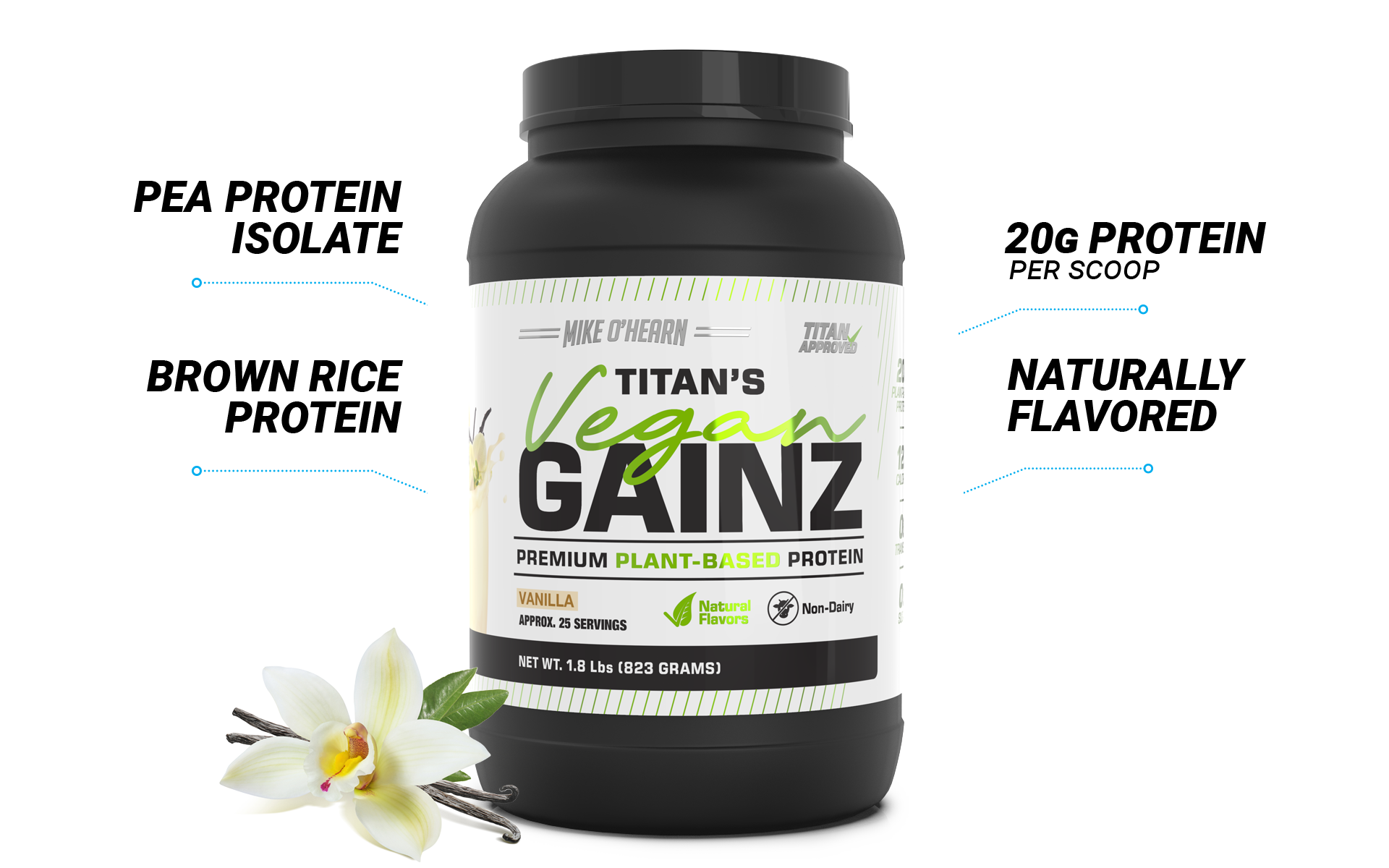 Container of Titan's Vegan Gainz protein powder with benefits 