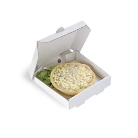 A white paper mini pizza box containing a mini pizza