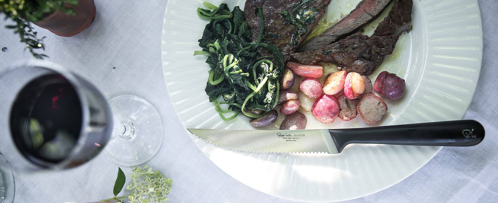 Rump steak with garden herb butter and sauteed radishes