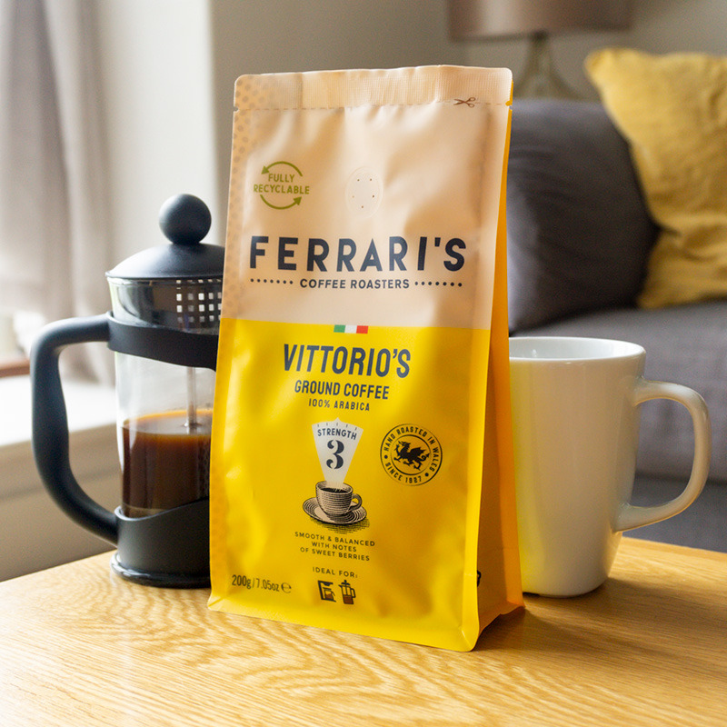 Ferraris Vittorio’s ground coffee bag with brewed coffee, illustrating coffee flavour notes
