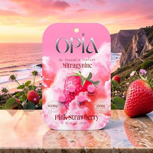 Pink strawberry skincare packaging with a coastal background and fresh strawberries.
