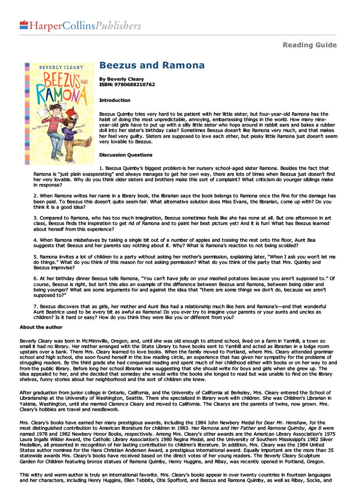 Reading guide for 'Beezus and Ramona' by Beverly Cleary.