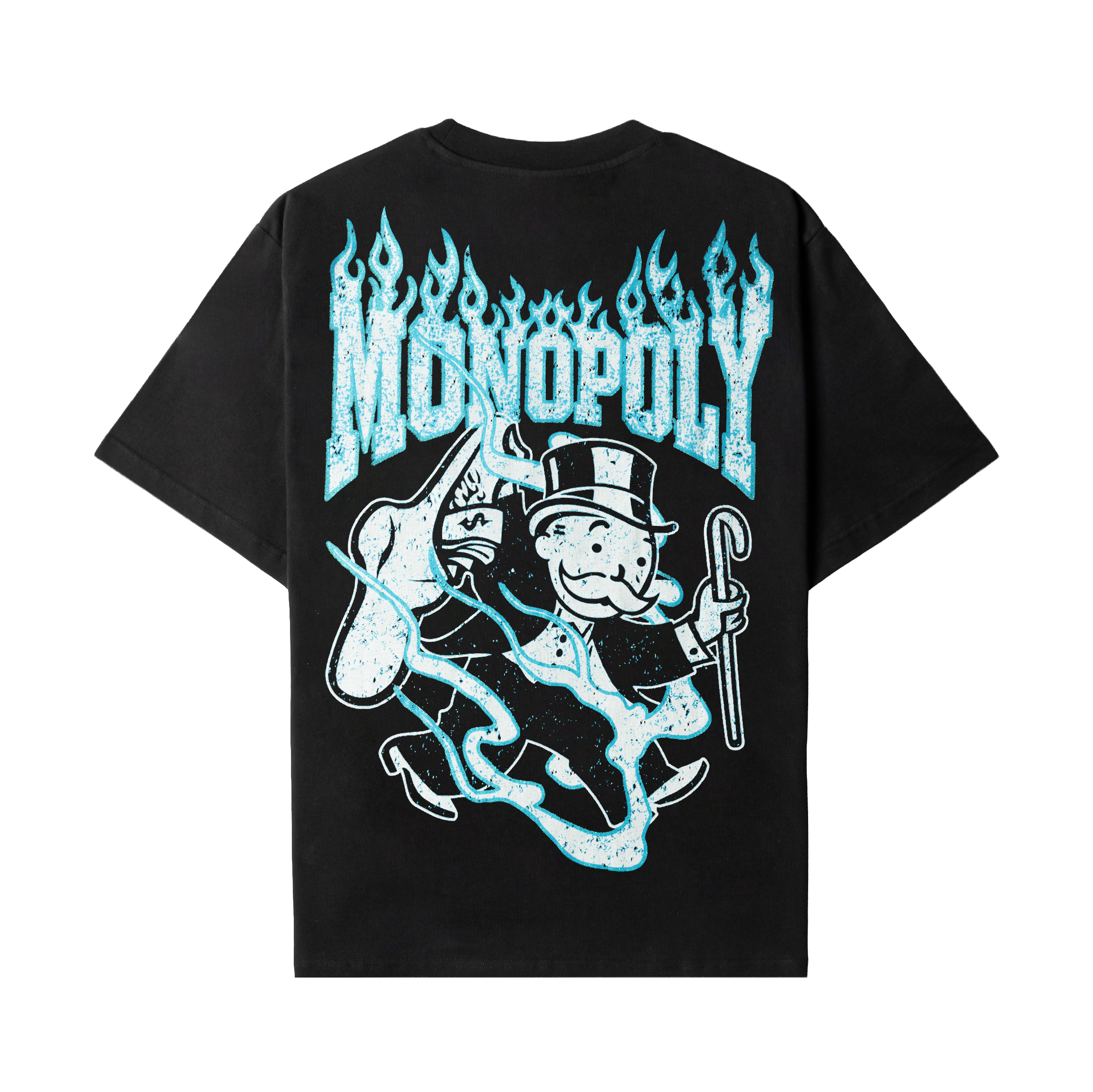 Black t-shirt with blue graphic design on the front.