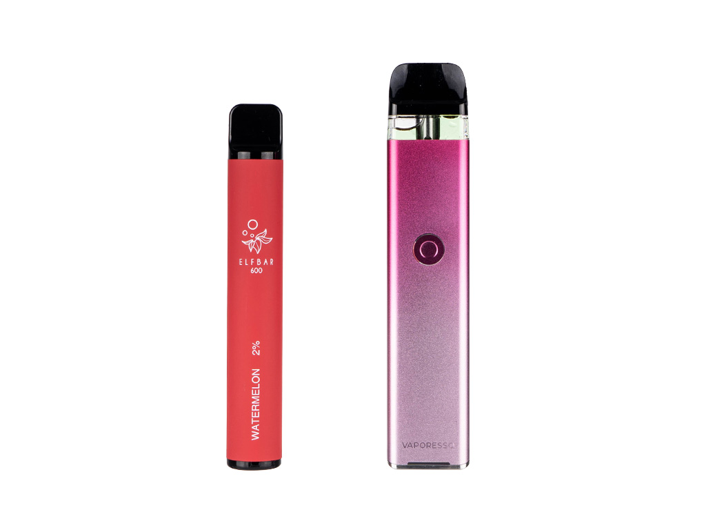 Image of a disposable vape and a refillable pod vape device.