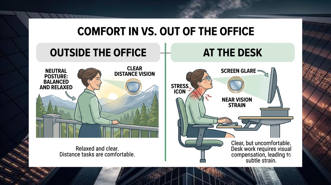 Graphic showing how vision can feel comfortable outside work but strained during desk-based tasks.