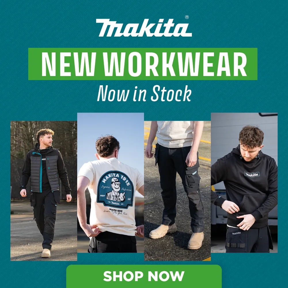 Makita new workwear advertisement featuring models wearing various styles.