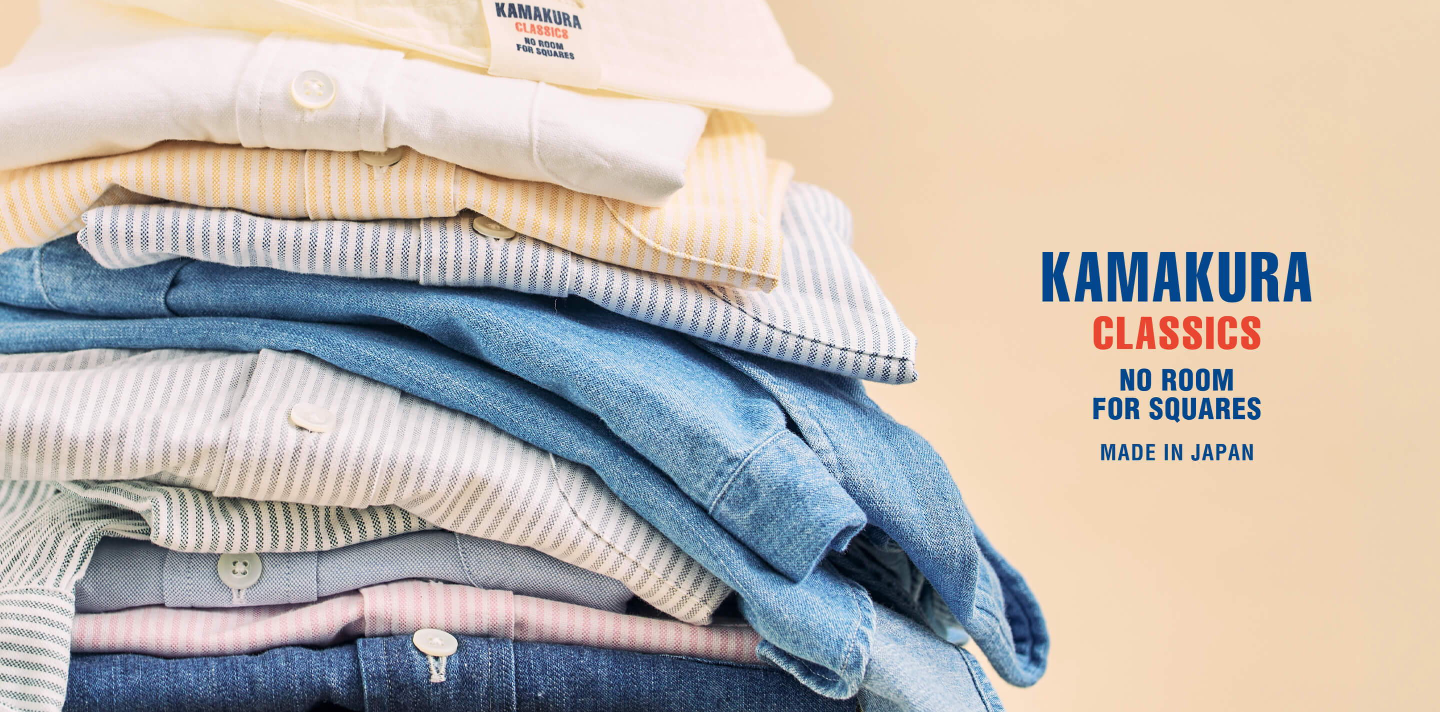 Stack of folded shirts with brand name Kamakura Classics displayed.