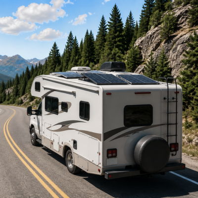 A recreational vehicle driving through a scenic mountainous landscape with trees.