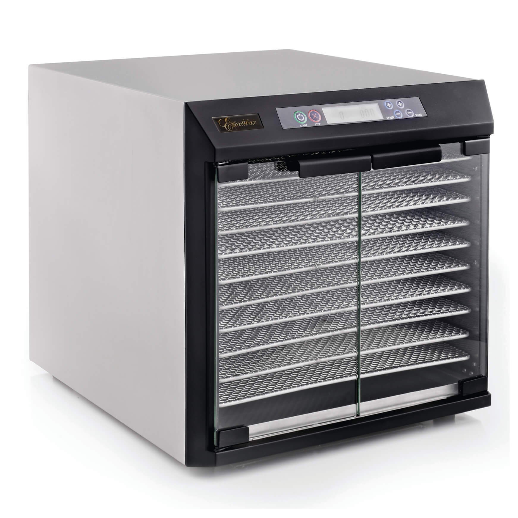 Excalibur EXC10EL 10 tray stainless steel dehydrator with armoured glass doors closed.