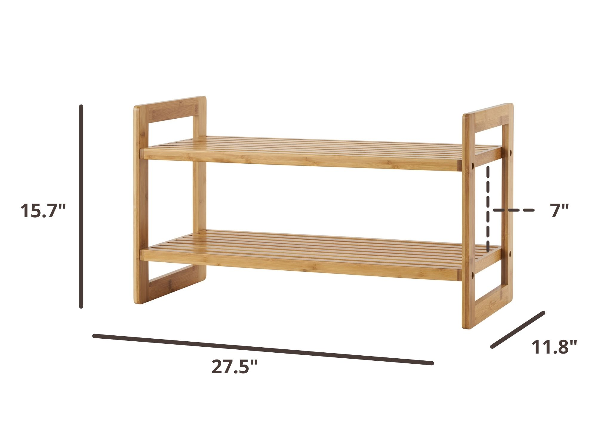 15.7 inches tall by 27.5 inches wide by 11.8 inches deep bamboo shoe rack