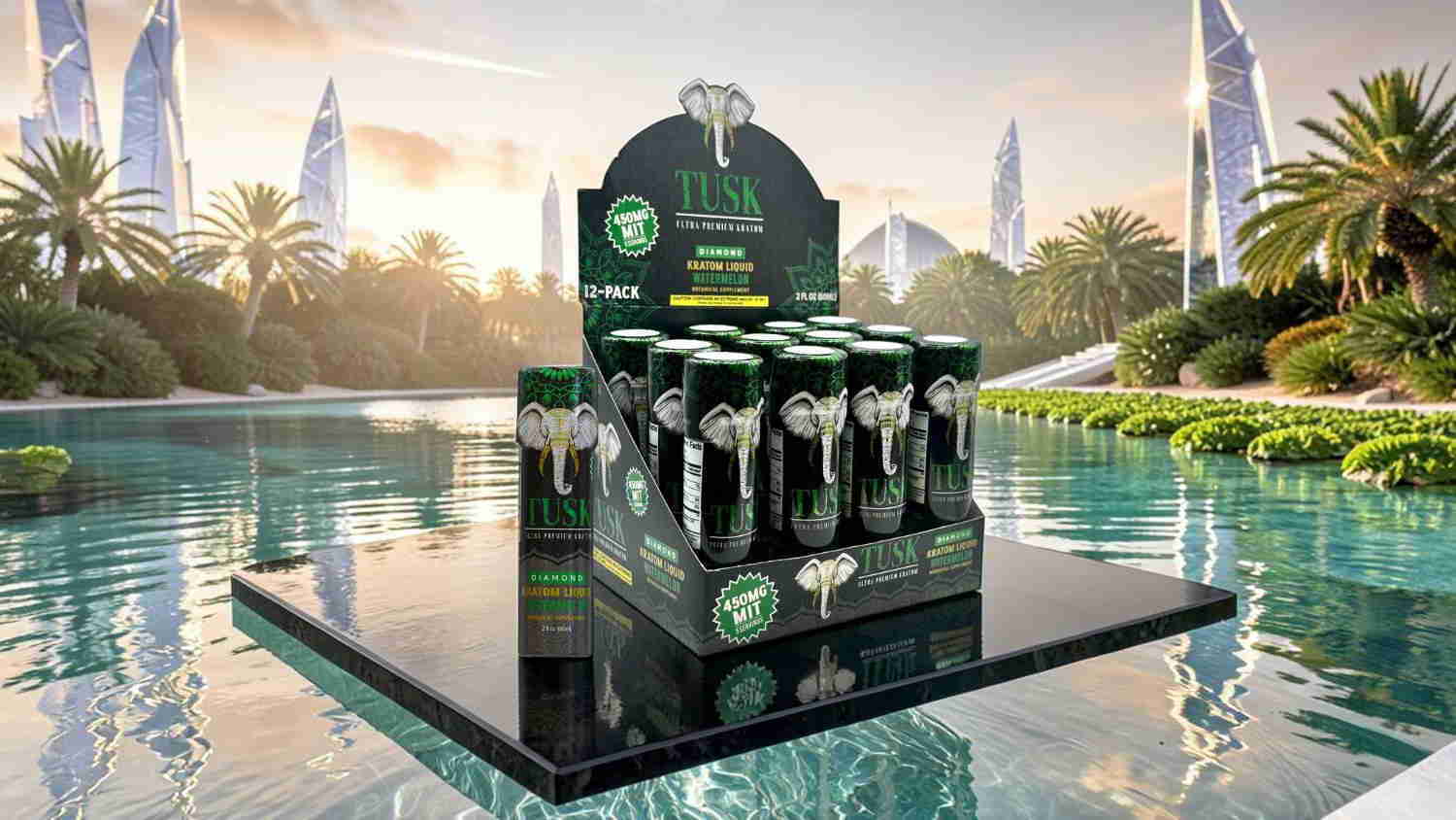 Display of beverage bottles near a serene pool with futuristic buildings in background.