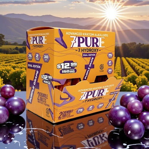 Box of 7PURE product with grapes in a vineyard setting.