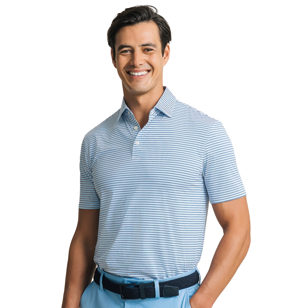 Smiling man wearing a light blue polo shirt and light blue pants.