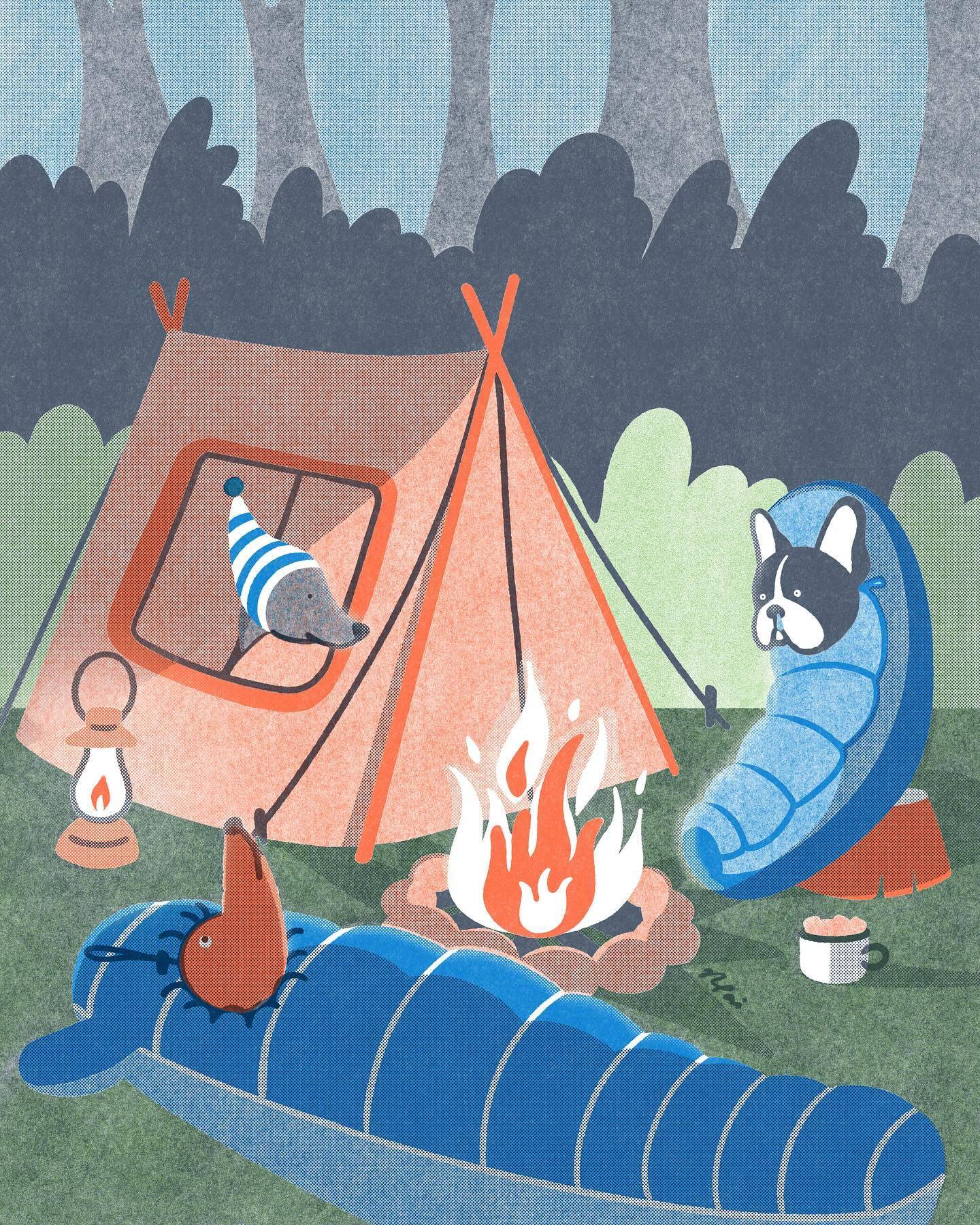 Nadia Tai - dogs camping in the woods.